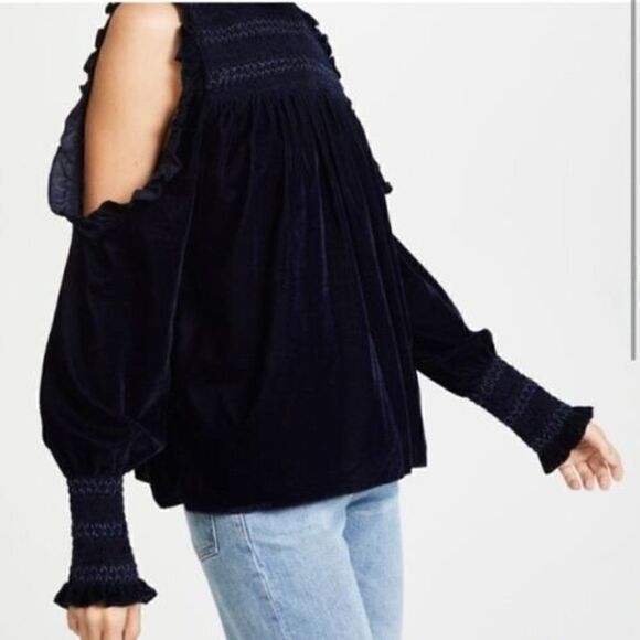 Joie Aneisha Velvet Cold-Shoulder Smocked Top in Midnight Sky Size XS - Picture 3 of 9